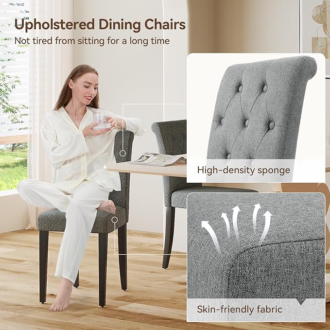Upholstered Dining Chairs Set of 2, Button Tufted Parsons Dining Chair with Solid Wood Legs, Modern Fabric Side Chair for Dining Room/Kitchen/Restaurant/Hotel- Grey