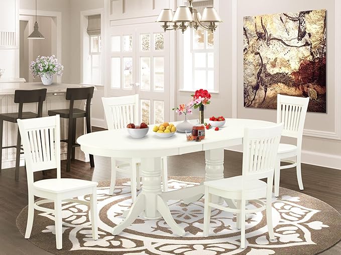 East West Furniture VAVA5-LWH-W 5 Piece Dining Room Furniture Set Includes an Oval Kitchen Table with Butterfly Leaf and 4 Dining Chairs, 40x76 Inch, Linen White