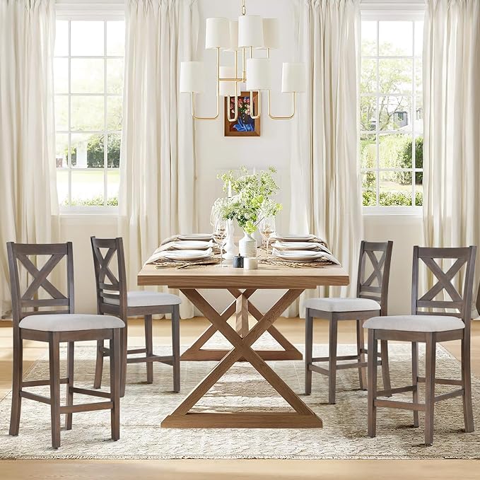 Upholstered Counter Height Bar Stools Set of 4, Modern Kitchen Island Barstools Chairs with Cross Back and Wood Legs for Dining Room Bar, Light Brown Wash