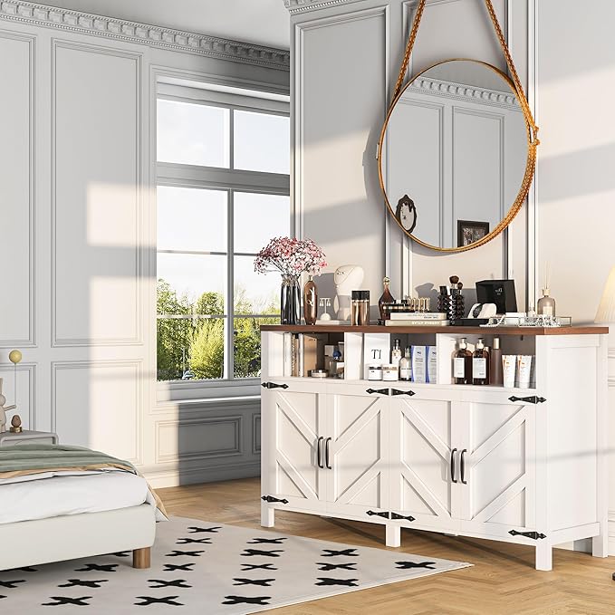Buffet Sideboard with Storage Farmhouse with 4 Doors, 55'' Large Kitchen Storage Cabinet Wood Coffee Bar Cabinet Buffet Table with Shelves for Kitchen, Dining Room, Entryway