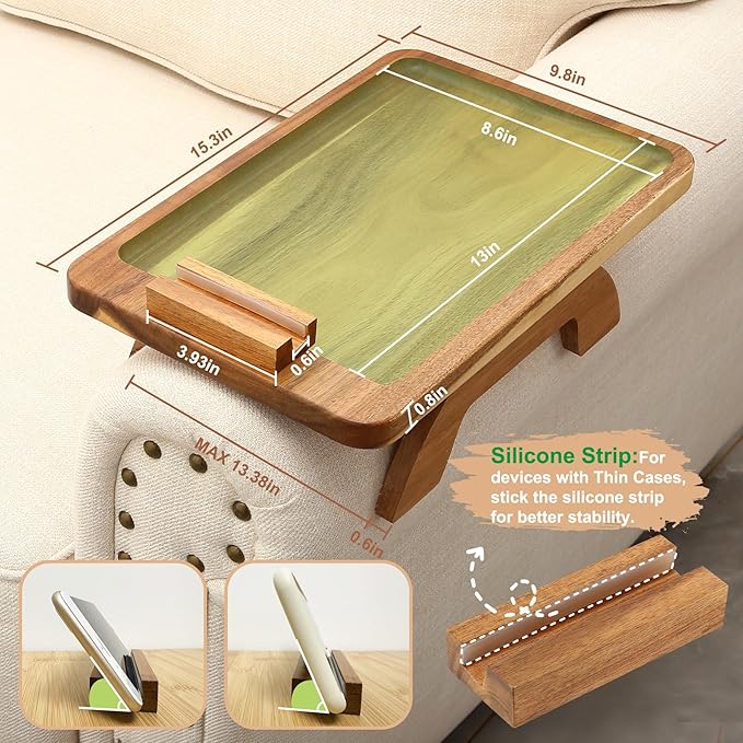 SINWANT Couch Arm Table, Acacia Wood Sofa Arm Rest Tables Couch Armrest Table with 360° Phone Holder,Portable Sofa Armrest Tray for Drink Snacks