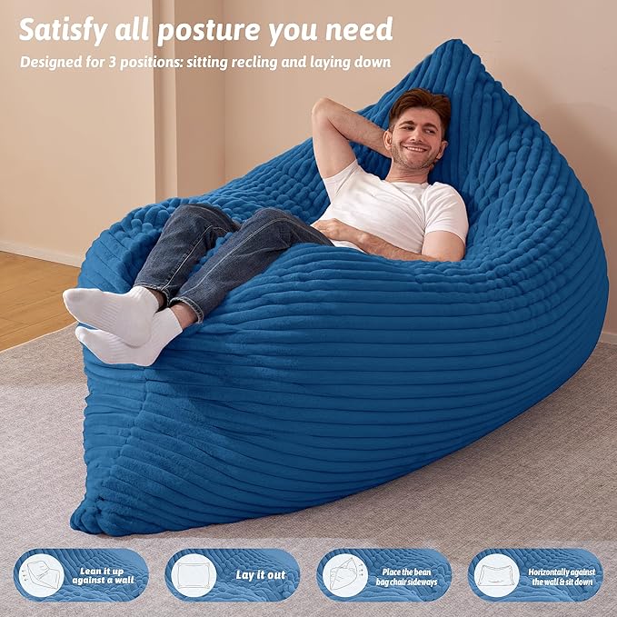 HABUTWAY 4-in-1 Bean Bag Chair, Convertible Chair with High-Density Memory Foam Filling & Machine Washable Cover, Giant Bean Bag Chair for Adults (Blue)