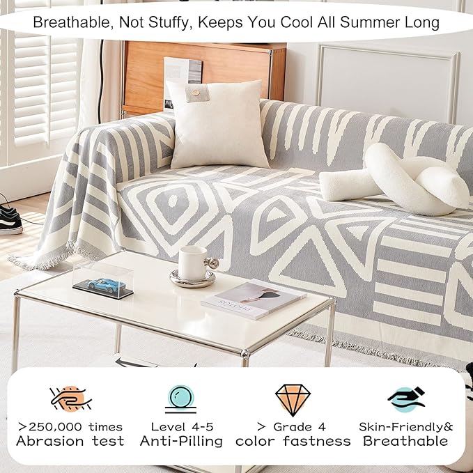 STACYPIK Boho Geometric Sofa Cover Chenille Gray White Cream Triangle Couch Cover for Dog Anti Slip Couch Protector for 3 Cushion Couch Reversible Furniture Covers L Shape Cover for Sectional-91X134IN
