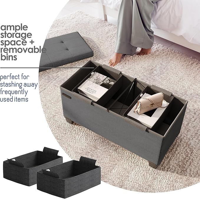STORAGEBUD Storage Ottoman Bench with Bins, 30-in Storage Bench for Bedroom End of Bed, Folding Foot Rest Ottoman for Living Room Max 660lbs, Fabric Ottomans, Grey