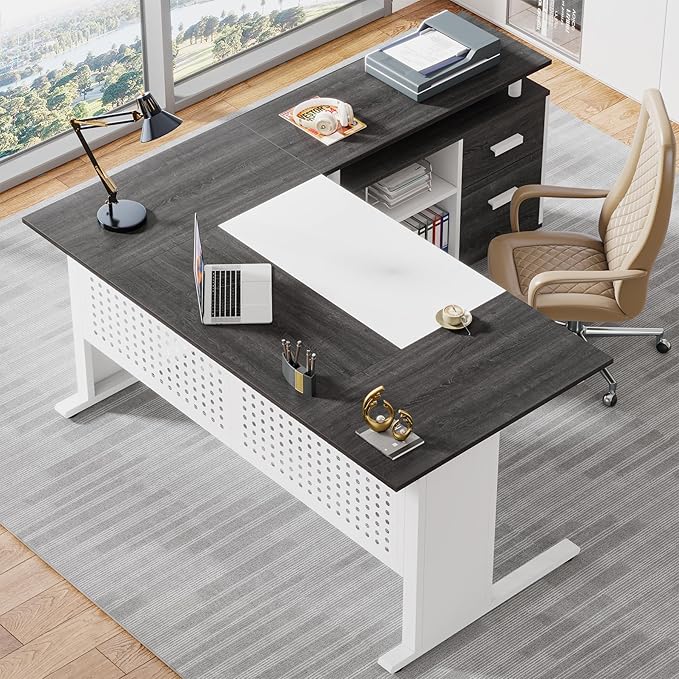 Tribesigns 63 Inch Executive Desk with File Cabinet, L Shaped Office Desk with Drawers and Storage Shelves, Business Furniture Set Workstation for Home Office, Gray and White