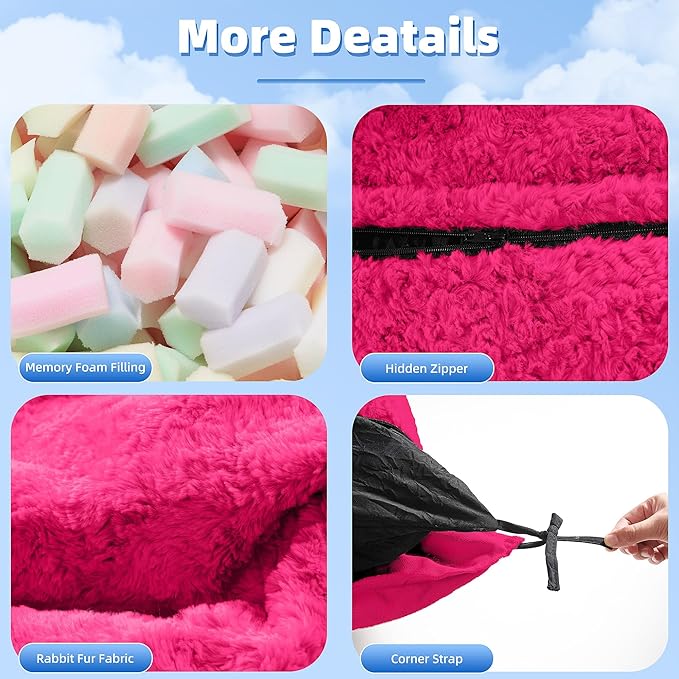 HABUTWAY 4 in 1 Bean Bag Chair, Giant Memory Foam Filling Bean Bag Sofa, Adult Bean Bag Chair, Machine Washable Faux Fur Cover, Bean Bag for Adult (Rose Red)