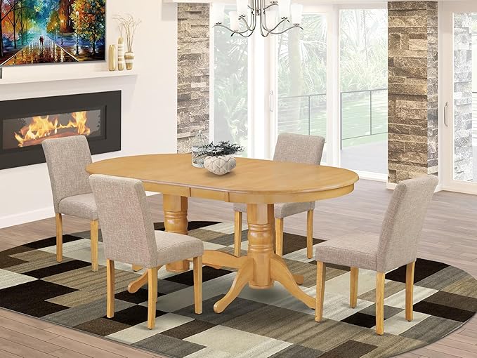 East West Furniture VAAB5-OAK-04 5 Piece Kitchen Table Set for 4 Includes an Oval Dining Table with Butterfly Leaf and 4 Light Tan Linen Fabric Upholstered Chairs, 40x76 Inch, Oak