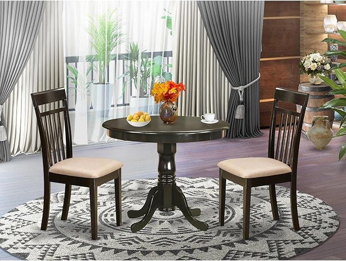 East West Furniture ANCA3-CAP-C 3 Piece Kitchen Table Set for Small Spaces Contains a Round Dining Table with Pedestal and 2 Linen Fabric Dining Room Chairs, 36x36 Inch, Cappuccino