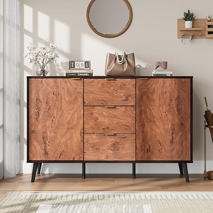 GarveeHome Buffet Cabinet with Drawers, 51.2'' Large Sideboard Buffet Credenza Storage Cabinet with Shelves and Doors, Coffee Station Cabinet with Metal Handle, Robot Vacuum Friendly (Walnut)
