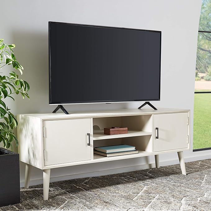 SAFAVIEH Sorrel TV Stand for up to 55" Flatscreen – Distressed White, 2 Doors with Interior Storage, 2 Open Shelves, Entertainment Media Console (MED5701A)