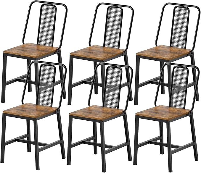 Dining Chairs Set of 6, Wooden Kitchen Chairs, Farmhouse Dining Chairs with Back Support, for Living Room, Kitchen, Rustic Brown and Black CY01L6BR