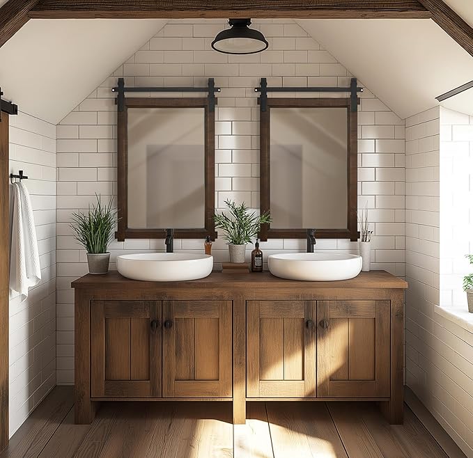 Rustic Barn Door Mirror: 24"x36" Brown Farmhouse Wood Frame - Wall Mirror for Entryway/Bathroom/Living Room Wall Decor