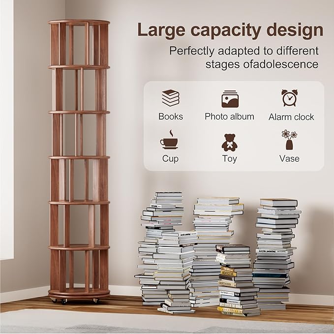 KEIKI 360° Spinning Revolving Bookcase, Solid Wood 6 Tier Rotating Bookshelf with Storage, Narrow Tall Book Rack & Art Deco Bookshelf Organizer, Walnut