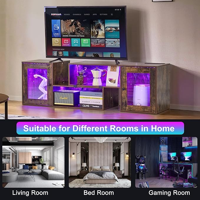 VECELO LED TV Stand for Televisions up to 70 Inchs Modern Entertainment Center with Storage, Media Console with 23 Flashing Options and 4 Customizable Modes for Living Room, Bedroom, Brown