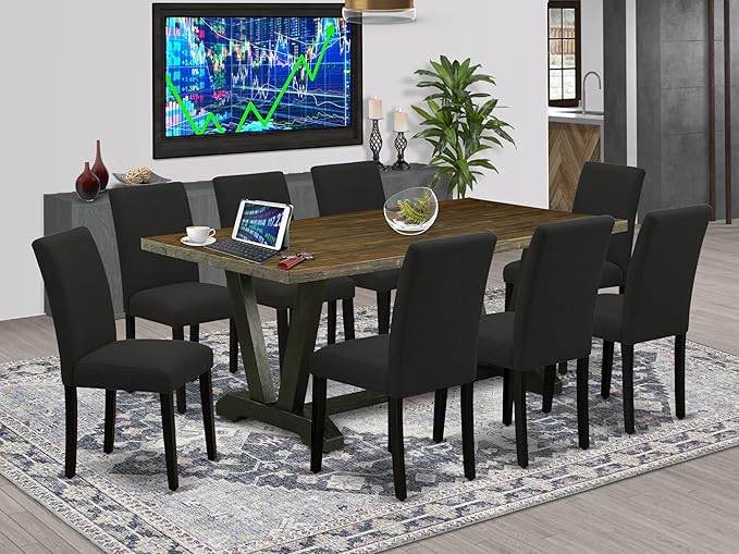 East West Furniture V677AB624-9 9 Piece Dining Set Includes a Rectangle Dining Room Table with V-Legs and 8 Black Color Linen Fabric Upholstered Parson Chairs, 40x72 Inch, Multi-Color