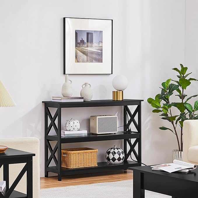 Yaheetech Entryway Table with Storage Shelves, Console Table with Power Outlets and USB Ports, Wood Narrow Sofa Tables with X-Shaped Design for Living Room/Hallway/Couch, Black