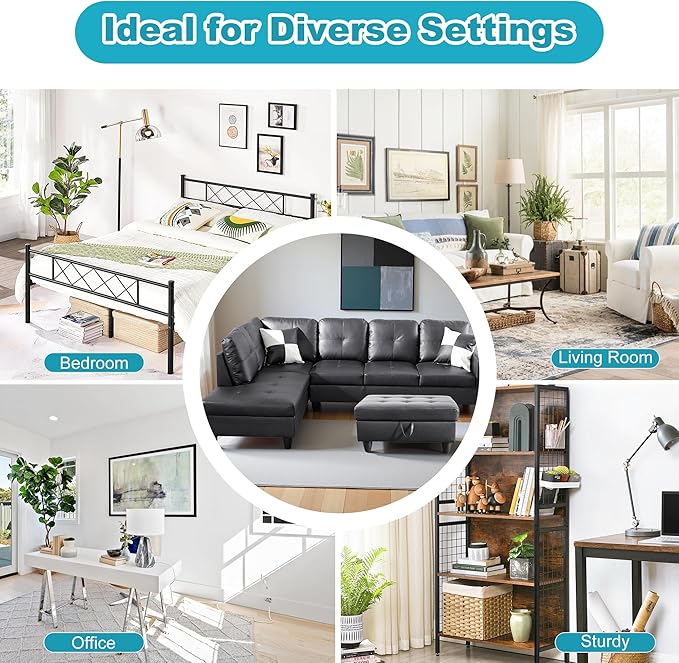 L Shaped Couch Faux Leather Sectional Couch Upholstered 3 Pieces Sofas for Living Room with Chaise, Storage Ottoman for Office and Small Apartment, Black