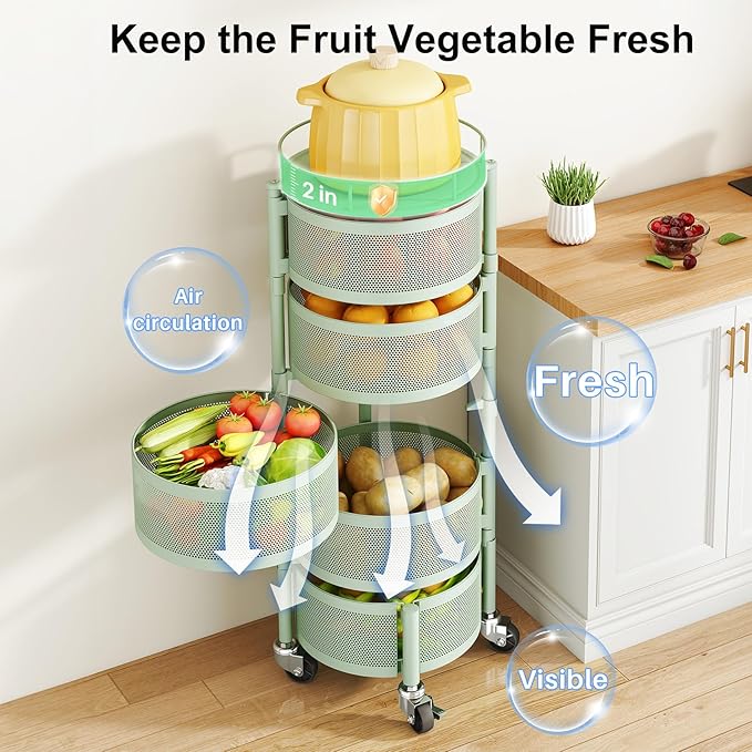 SAYZH Fruit Vegetable Basket for Kitchen, Rotating Storage Rack, 5 Tier Rolling Cart with top lid, Large Metal Wire Basket for for Potato Onion Snack, Black (Green)