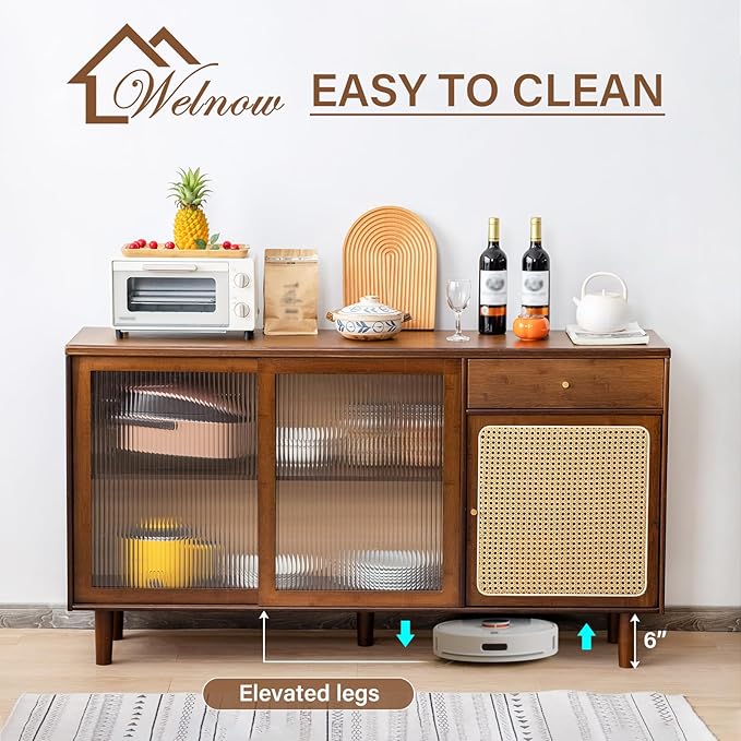 Welnow Buffet Cabinet, Bamboo Sideboard with Storage Rattan Kitchen Display Cabinet with Drawer, Boho Coffee Bar Tables for Kitchen, Living Room, Entryway, Office, Walnut
