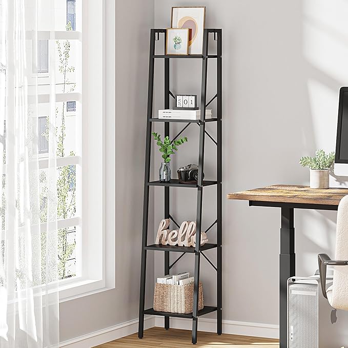 Ladder Shelf, Bookshelf Bookcase, Freestanding Corner Storage Shelve with 2 Hooks for Home Office, Living Room, Kitchen, Bedroom, Industrial, 5-Tier Black BC03204B