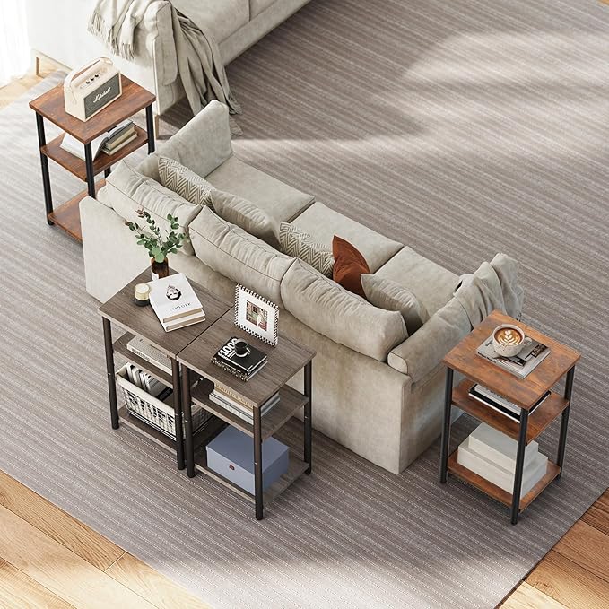 DUMOS End Table Small Side Sofa Tables 3 Tier Tall Nightstand Storage Shelf with Adjustable Feet for Living Room Bedroom Office, Brown