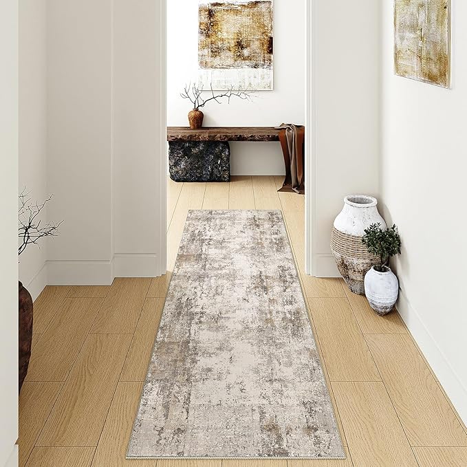 2x10 Washable Runner Rug Brown Grey Neutral Abstract Hallway Kitchen Living Room Bedroom Non Slip Throw Rug Soft Low Pile Indoor Carpet for Entrance Laundry Bathroom
