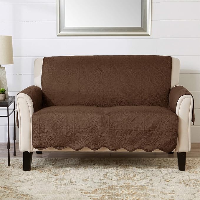 Great Bay Home Medallion Stitched Solid Furniture Protector Stain Resistant Durable Furniture Protector Elenor Collection (Loveseat, Chocolate/Taupe)