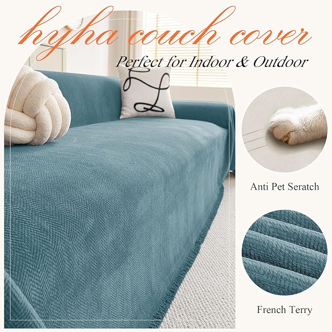 hyha Couch Cover for Dogs, Boho Sofa Covers for 3 Cushion Couch Washable, Chenille Sofa Slipcover for Pets, Soft Loveseat Sectional Couch Throw Blankets with Tassels (Blue, 71x134 Inch)