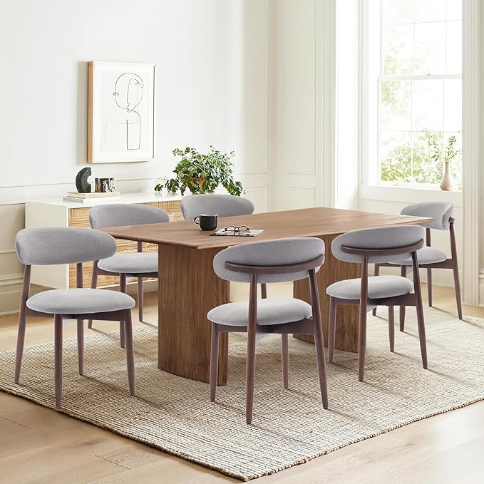 COLAMY Wooden Dining Chairs Set of 6, Modern Fabric Upholstered Dining Room Chair, Farmhouse Kitchen Chairs with Foot Pegs, Light Grey