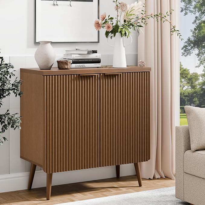 29.5" Sideboard Cabinet with 2 Doors, Modern Buffet Cabinet with Adjustable Shelf, Dining Room Sideboard, Fluted Buffet Sideboard for Living Room, Hallway, Entryway, Walnut
