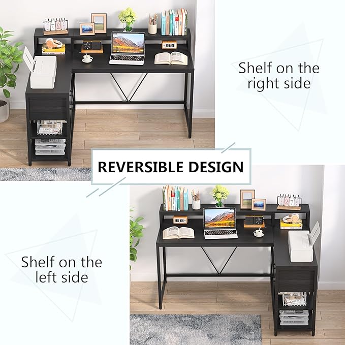 Tribesigns L Shaped Desk with Drawer and Monitor Stand, BlackCorner Desk Home Office Table with Storage Shelves, Black PC Desk for Small Space