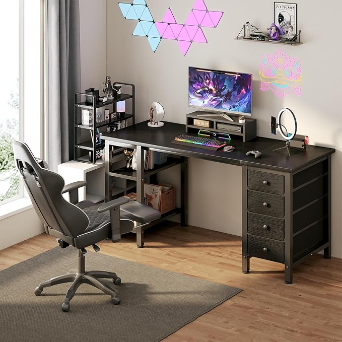 Lufeiya Gaming Desk with 4 Fabric Drawers & Storage Shelves, 47 inch Computer Writing Work Study Desk for Home Office Bedroom, Modern Simple Student PC Desks Table, Black