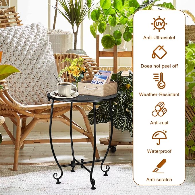 2 Pack Outdoor Side Tables for Patio, Weather Resistant Steel Patio Side Table, Small Round Outdoor End Table Metal Side Table for Patio Yard Balcony Garden Black (Petal)