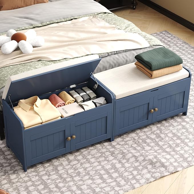 HOMEFORT 30" Shoe Bench with Lift Top Storage, Entryway Bench with Cushioned Seat, Wooden End of Bed Bench, Shoe Cabinet Bench with Hidden Storage Space, for Bedroom, Hallway, Blue