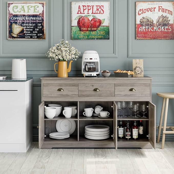 Keyluv Buffet Storage Cabinet, Sideboard Farmhouse Server Bar Wine Cabinet with 3 Drawers & 3 Doors Adjustable Shelves Console Table for Kitchen, Dining Living Room Cupboard, Grey Wash