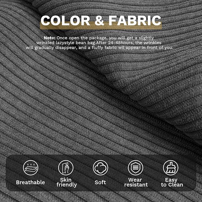 Bean Bag Chairs for Adults, Memory Foam Couch Sofa Chair,One-Piece Foam Padding,Cozy Corduroy Material Bean Bag Chair,Bean Bag Sofa for Reading in Bedroom Living Room and Dorms，Gray