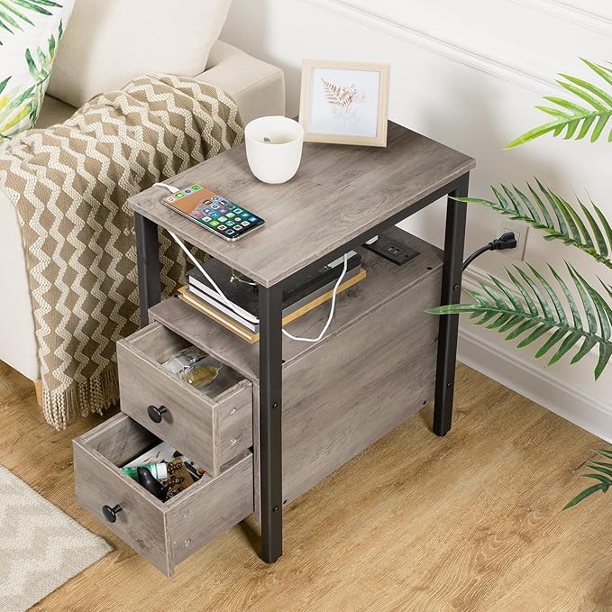 HOOBRO Set of 2 End Tables with Charging Station, Narrow Side Table with Drawers & USB Ports & Power Outlets, Nightstand for Small Spaces, Living Room, Stable, Greige and Black BG541BZP201