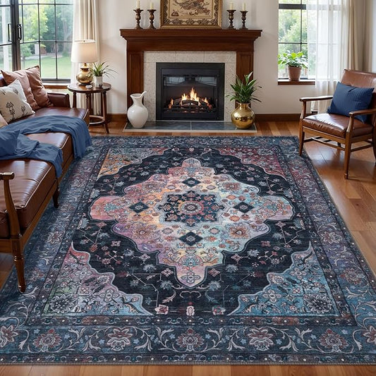 Tangsoo 8x10 Area Rug for Living Room, Washable Vintage Rug Indoor Non Slip Large Area Rugs, Print Distressed Navy/Multi Carpet, Soft Low Pile Rug Foldable for Bedroom Dining Room Dorm