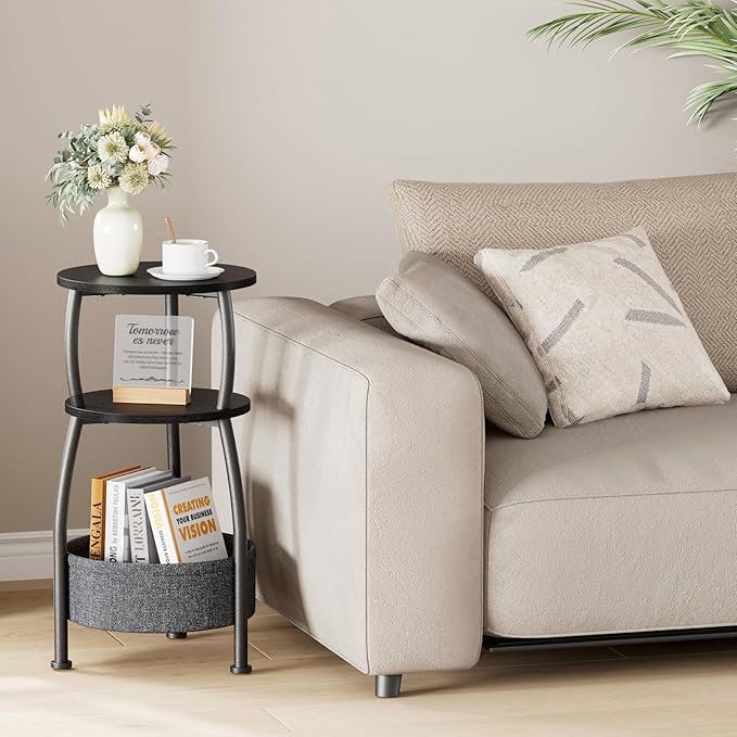 Small Round end Table for Living Room with Storage Basket –Small Space Saving End Table 3-Tier Accent Nightstand Couch Corner Table for Sofa, Bedroom, Patio and More 24in Tall Classic Black