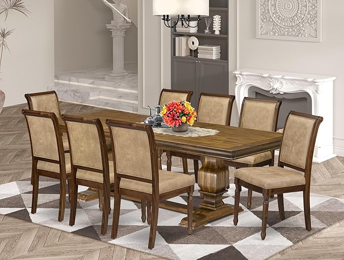 LKCY9-AWA-28 9-Piece Kitchen Table Set Includes a Dining Table and 8 Beige Polyester Fabric Dinner Chairs with High Back - Antique Walnut Finish