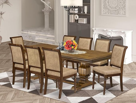 LKCY9-AWA-28 9-Piece Kitchen Table Set Includes a Dining Table and 8 Beige Polyester Fabric Dinner Chairs with High Back - Antique Walnut Finish