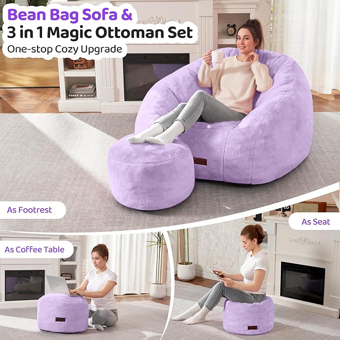 HABUTWAY Bean Bag Chair, Giant Bean Bag Chairs for Adults with Ottoman, Comfy Faux Fur Shell-Shaped Bean Bag Couch, Sofa Chair for Living Room, Bedroom, Purple