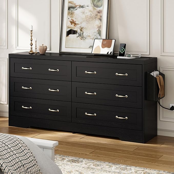 YITAHOME Drawers TV Stand for 65 inches with Power Outlets -Chest of Drawers Dresser with Side Organizer Bag Entertainment Center TV Console, Black