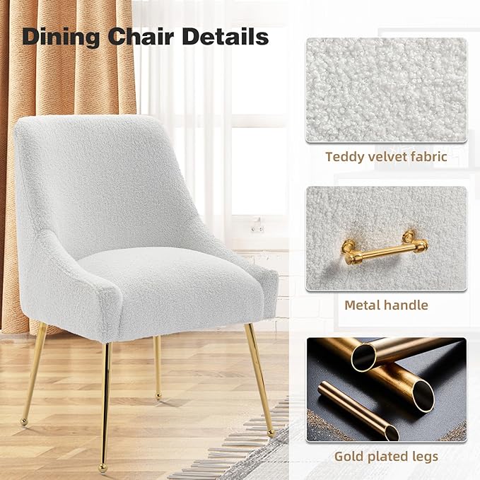 Dining Chairs Medieval Modern Restaurant Chairs, Soft Cushions, Teddy Velvet, Polished Gold Metal Legs, Kitchen Chairs, Living Room White 6-Piece Set