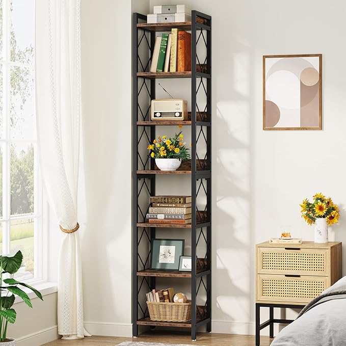 Tribesigns 78.7 Inch Extra Tall Narrow Bookshelf, 7-Tier Skinny Bookcase for Small Spaces, Freestanding Display Shelves, Multifunctional Corner Storage Organizer for Home Office, Rustic Brown