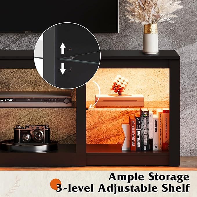 WLIVE LED TV Stand for 65 Inch TV, Modern Entertainment Center with Adjustable Glass Shelves & Customizable LED Lights, Sturdy Media Console for Living Room, Bedroom,Gaming (Black)