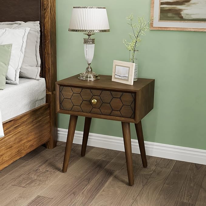 COSIEST Mid-Century Nightstand, Modern MDF Bedside Table, Accent Wood End Table with One Storage Drawer for Bedroom Living Room(Brown,2 Pieces)