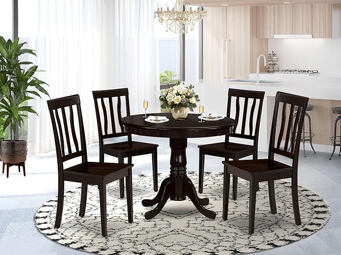 East West Furniture ANTI5-CAP-W 5 Piece Dinette Set for 4 Includes a Round Kitchen Table with Pedestal and 4 Dining Chairs, 36x36 Inch, Cappuccino