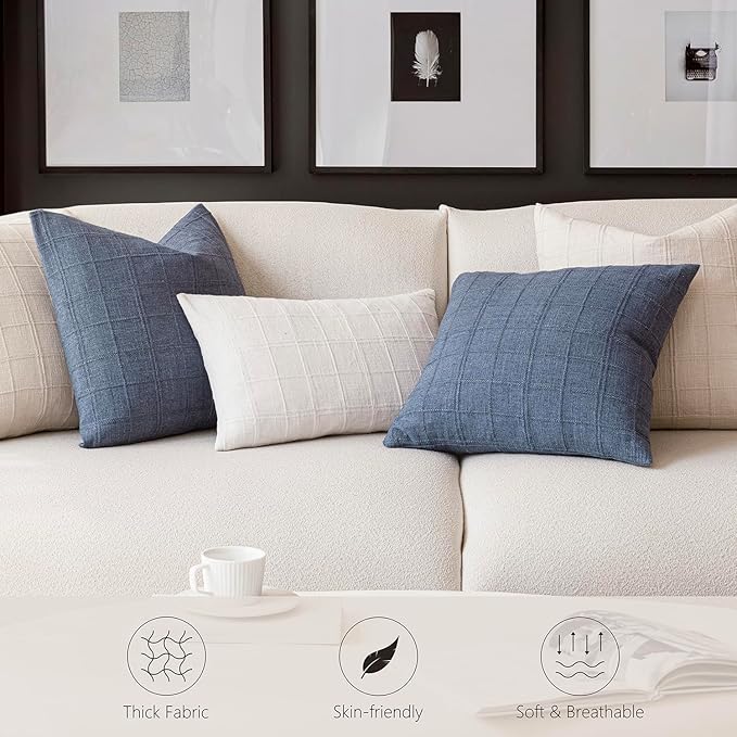 Foindtower Set of 2 Decorative Linen Check Throw Pillow Covers Neutral Farmhouse Vintage Cushion Covers Modern Boho Home Decor For Sofa Chair Couch Bedroom Living Room Outdoor,16×16 Inch,Natural Beige