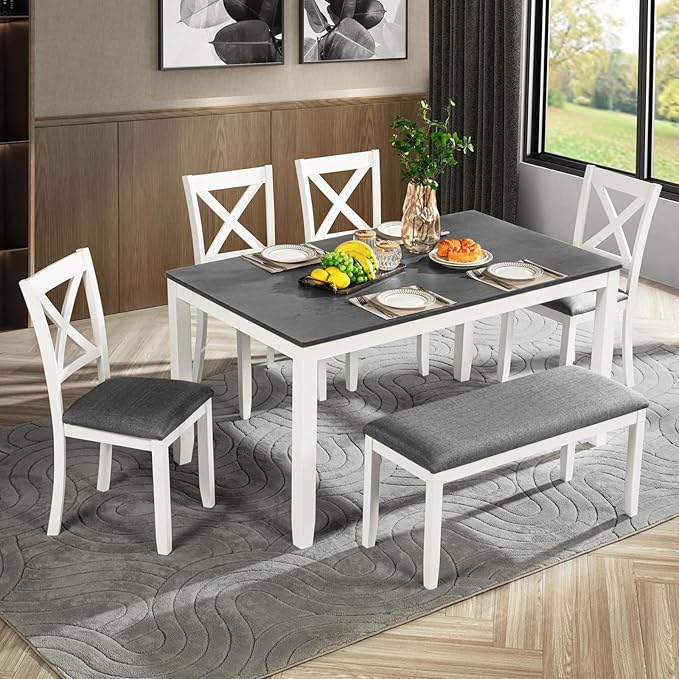 Ball & Cast 6 Piece Dining Table Set with 4 Upholstered Chairs & 1 Bench,Wooden Living Room Furniture for 6 W/ 58.5" Rectangle Kitchen Desk,for Dining Room,Home Bistro,Apartment,White+Gray